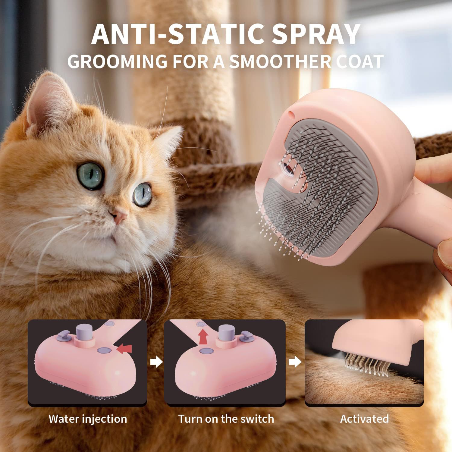 Multipurpose Steam Pet Grooming Brush for Cats and Dogs – Effective Shedding Brush & Comb to Remove Static and Loose Flying Hair. Self-Cleaning Design, Suitable for Both Long and Short Hair Pets (Pink)