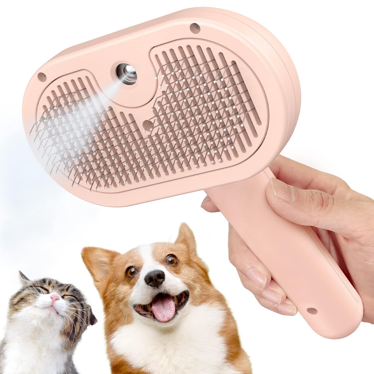 Multipurpose Steam Pet Grooming Brush for Cats and Dogs – Effective Shedding Brush & Comb to Remove Static and Loose Flying Hair. Self-Cleaning Design, Suitable for Both Long and Short Hair Pets (Pink)