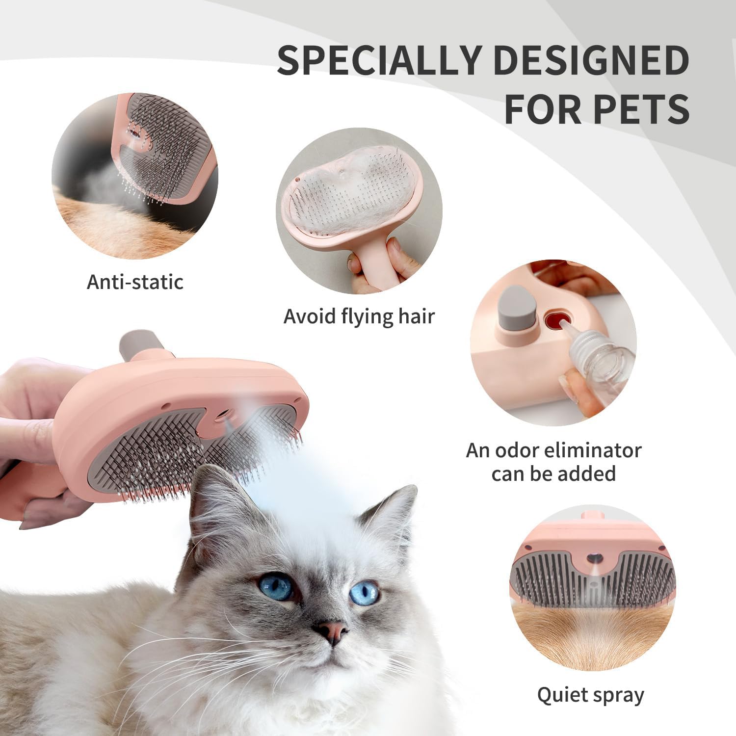 Multipurpose Steam Pet Grooming Brush for Cats and Dogs – Effective Shedding Brush & Comb to Remove Static and Loose Flying Hair. Self-Cleaning Design, Suitable for Both Long and Short Hair Pets (Pink)